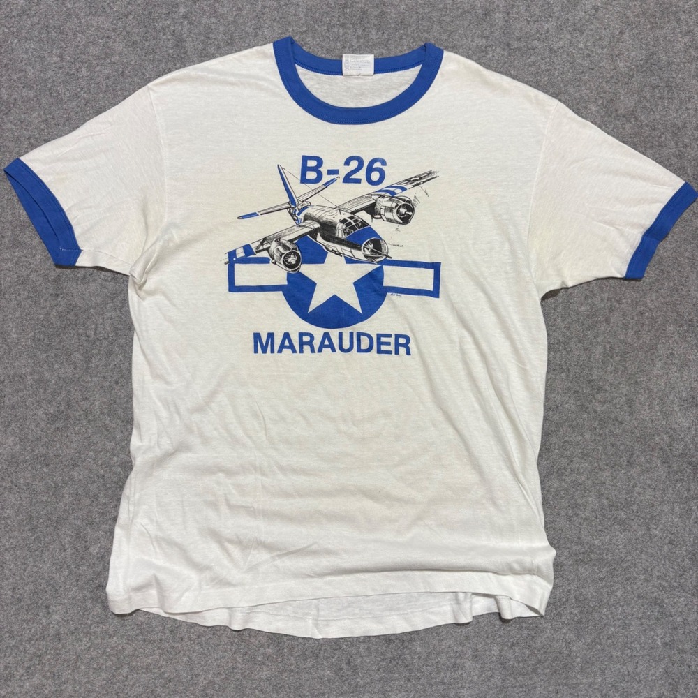 Vintage Hanes B-26 Marauder Ringer T-Shirt XL White Blue USA Made Military Plane